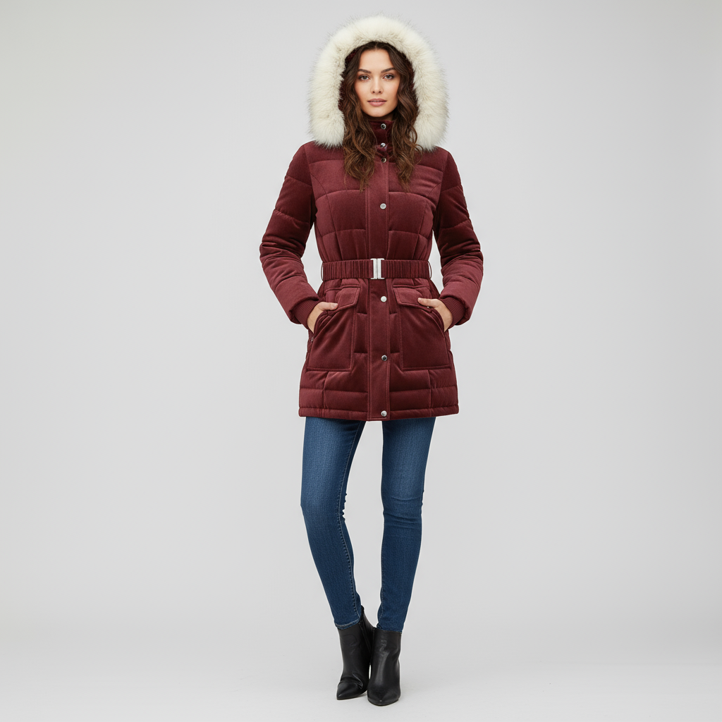 Elegant Women’s Belted Winter Coat with Faux Fur Hood - Bordeaux Red