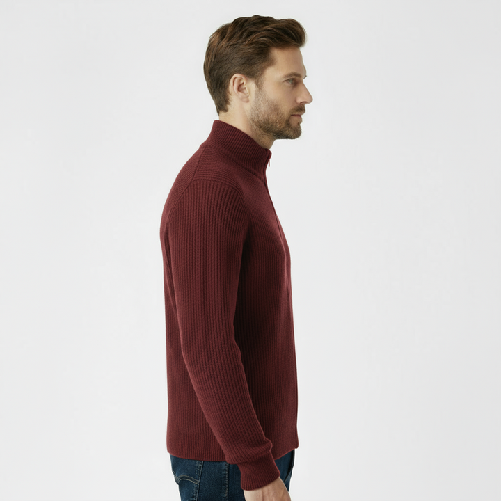 Men’s Ribbed Full-Zip Sweater – Bordeaux Red