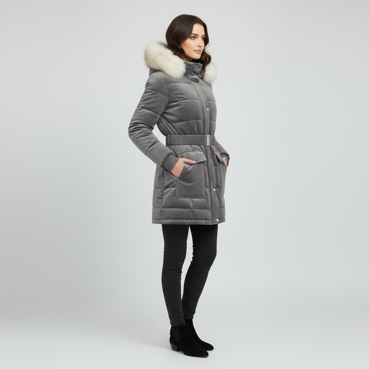 Elegant Women’s Belted Winter Coat with Faux Fur Hood - Charcoal Gray