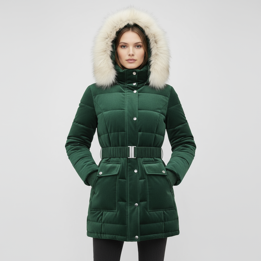 Elegant Women’s Belted Winter Coat with Faux Fur Hood - Green