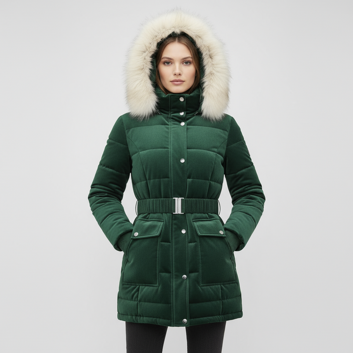 Elegant Women’s Belted Winter Coat with Faux Fur Hood - Green