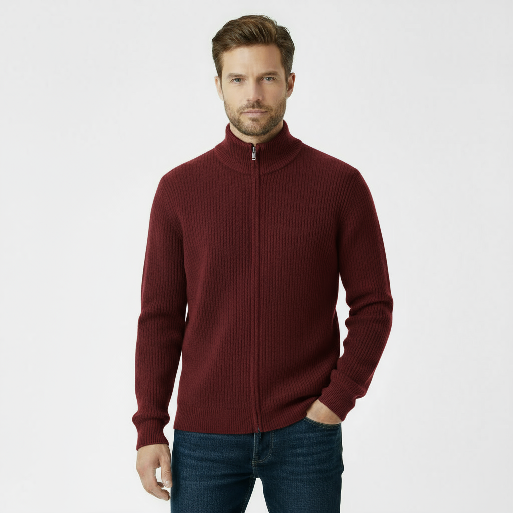 Men’s Ribbed Full-Zip Sweater – Bordeaux Red