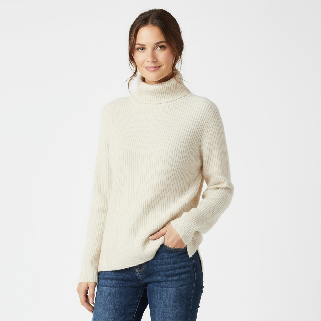 Women’s Ribbed Turtleneck Sweater – Cream Beige