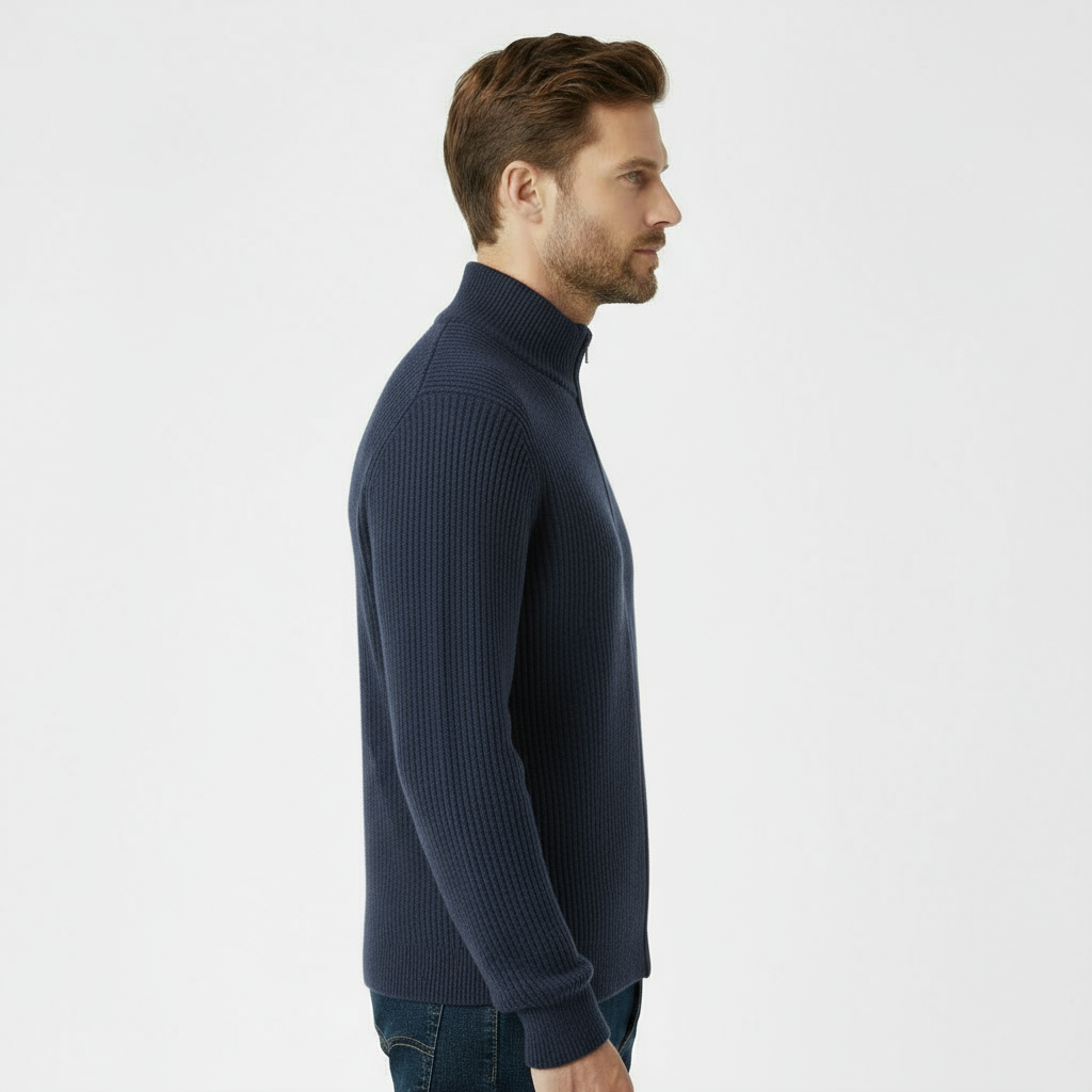 Men’s Ribbed Full-Zip Sweater – Navy Blue