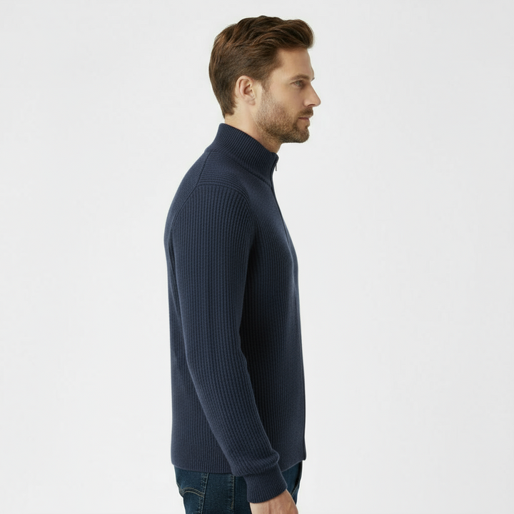 Men’s Ribbed Full-Zip Sweater – Navy Blue