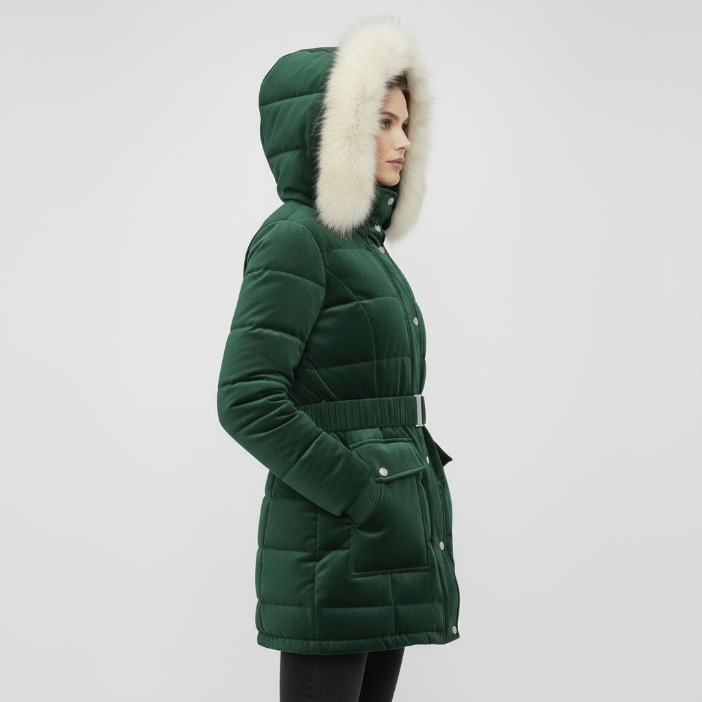 Elegant Women’s Belted Winter Coat with Faux Fur Hood - Green