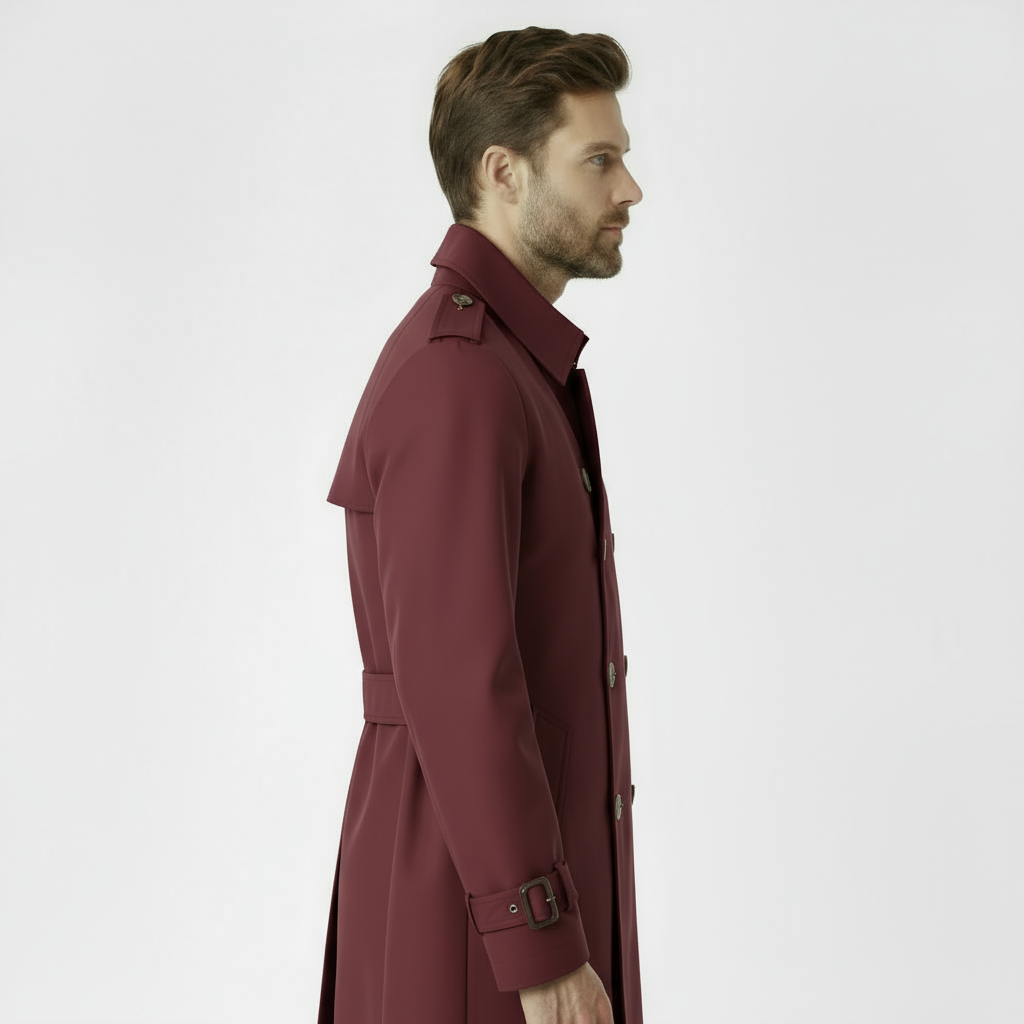 Men’s Classic Double-Breasted Trench Coat – Bordeaux Red