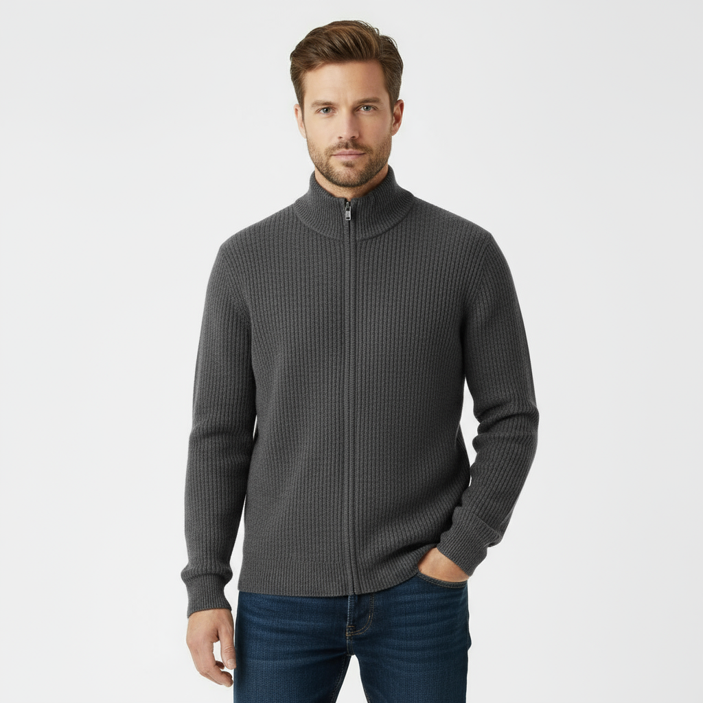 Men’s Ribbed Full-Zip Sweater – Charcoal Gray