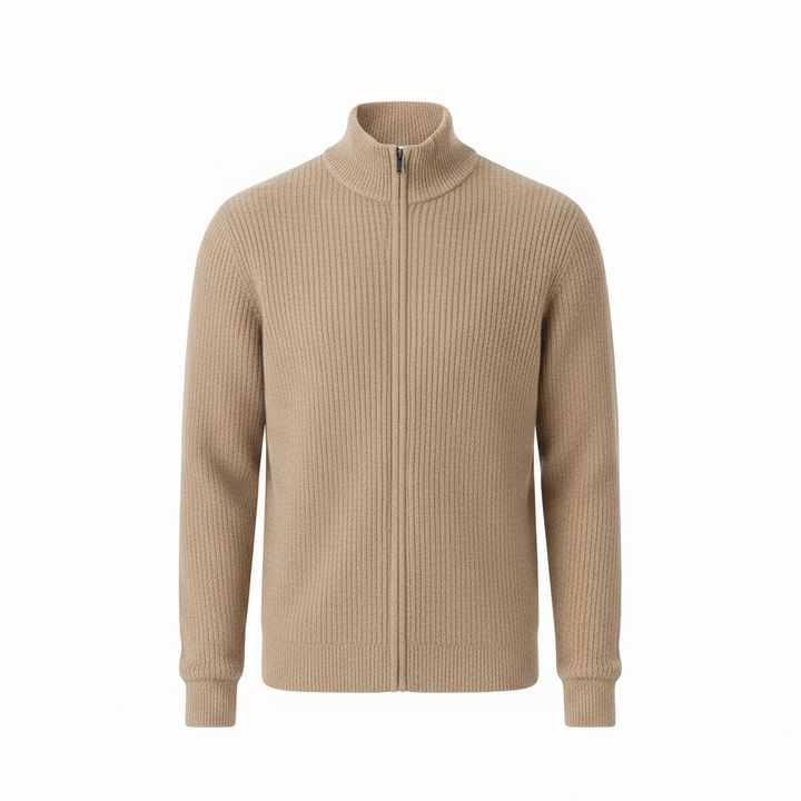 Men’s Ribbed Full-Zip Sweater – Beige