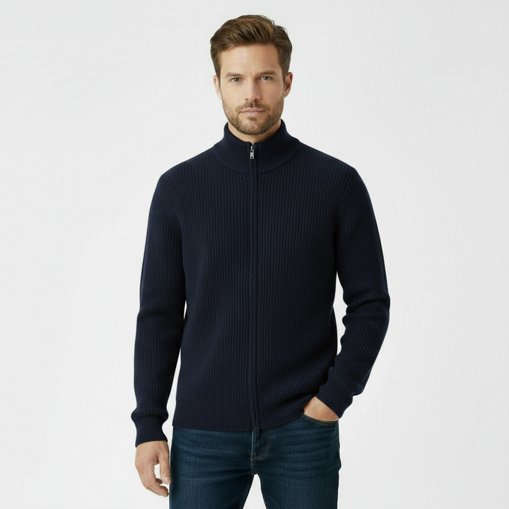 Men’s Ribbed Full-Zip Sweater – Navy Blue