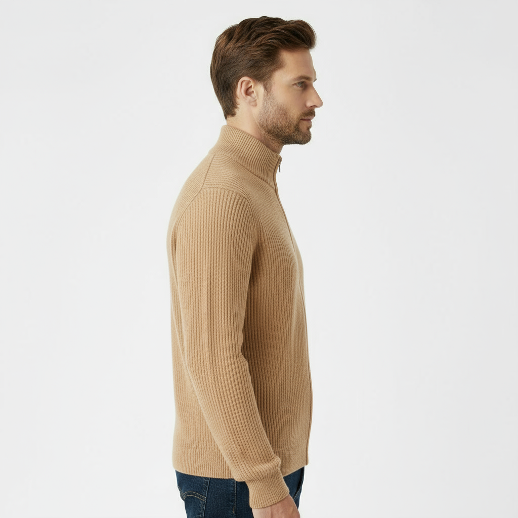Men’s Ribbed Full-Zip Sweater – Beige
