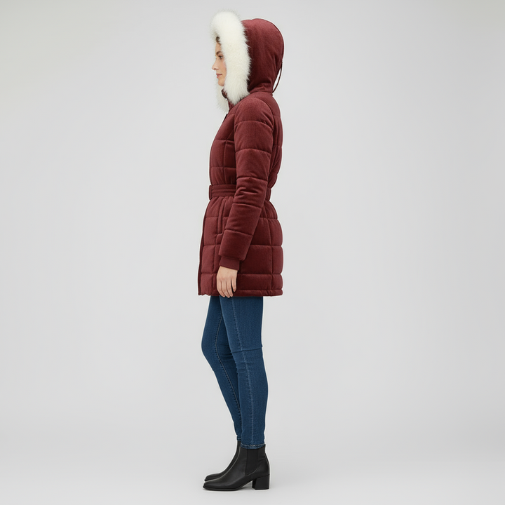 Elegant Women’s Belted Winter Coat with Faux Fur Hood - Bordeaux Red