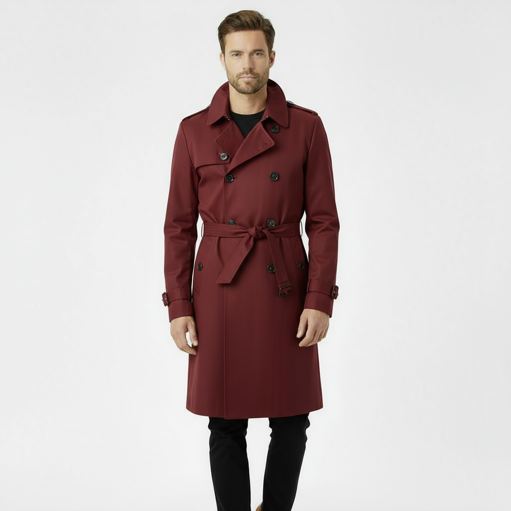 Men’s Classic Double-Breasted Trench Coat – Bordeaux Red