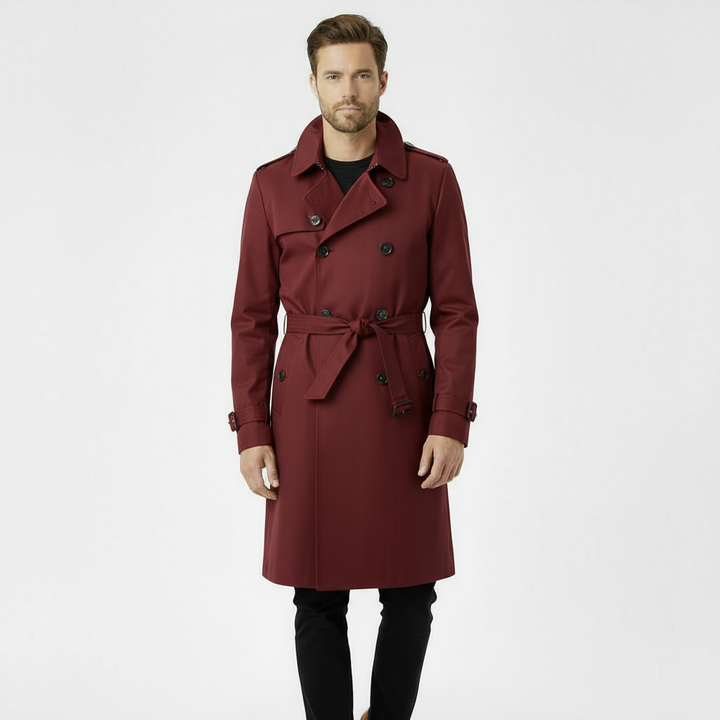 Men’s Classic Double-Breasted Trench Coat – Bordeaux Red