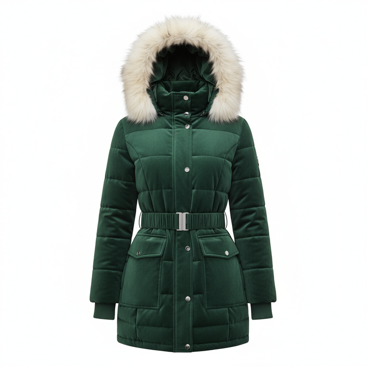 Elegant Women’s Belted Winter Coat with Faux Fur Hood - Green
