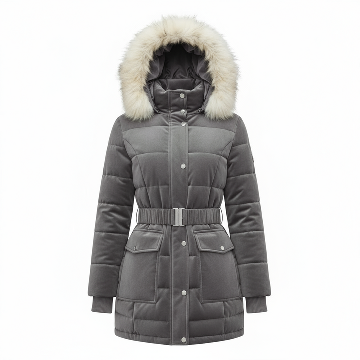 Elegant Women’s Belted Winter Coat with Faux Fur Hood - Charcoal Gray