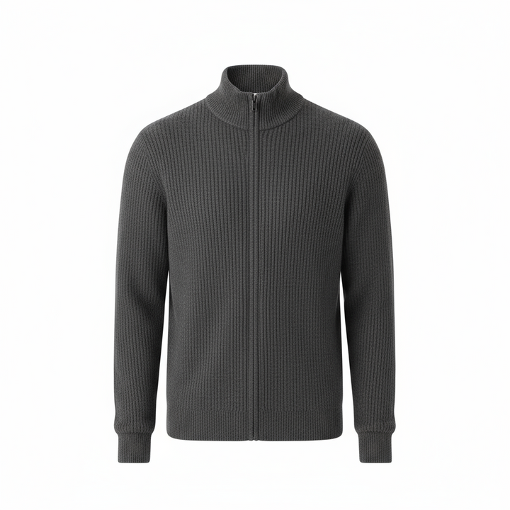 Men’s Ribbed Full-Zip Sweater – Charcoal Gray