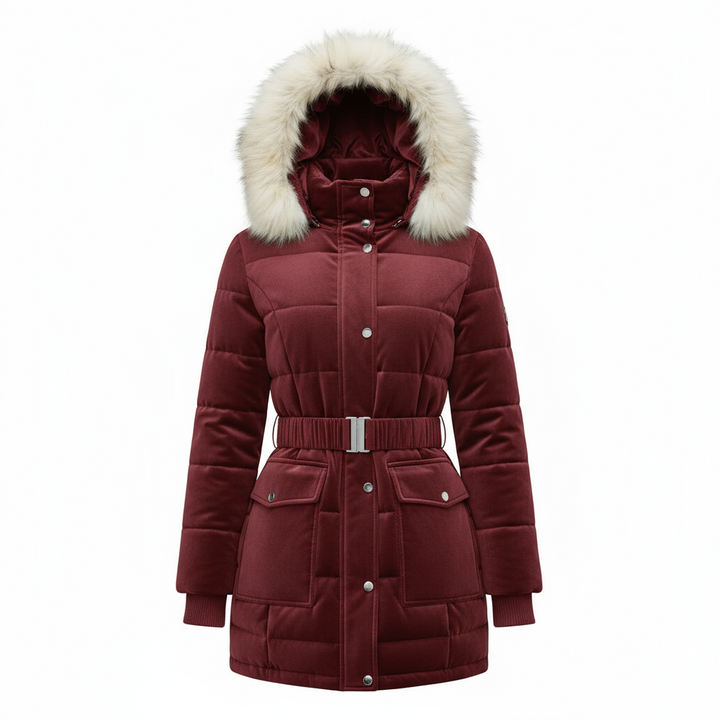 Elegant Women’s Belted Winter Coat with Faux Fur Hood - Bordeaux Red