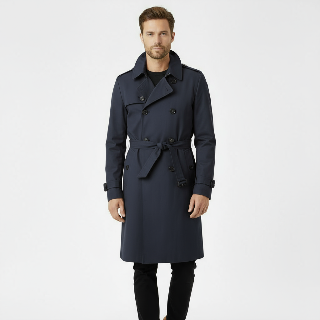 Men’s Classic Double-Breasted Trench Coat – Navy Blue