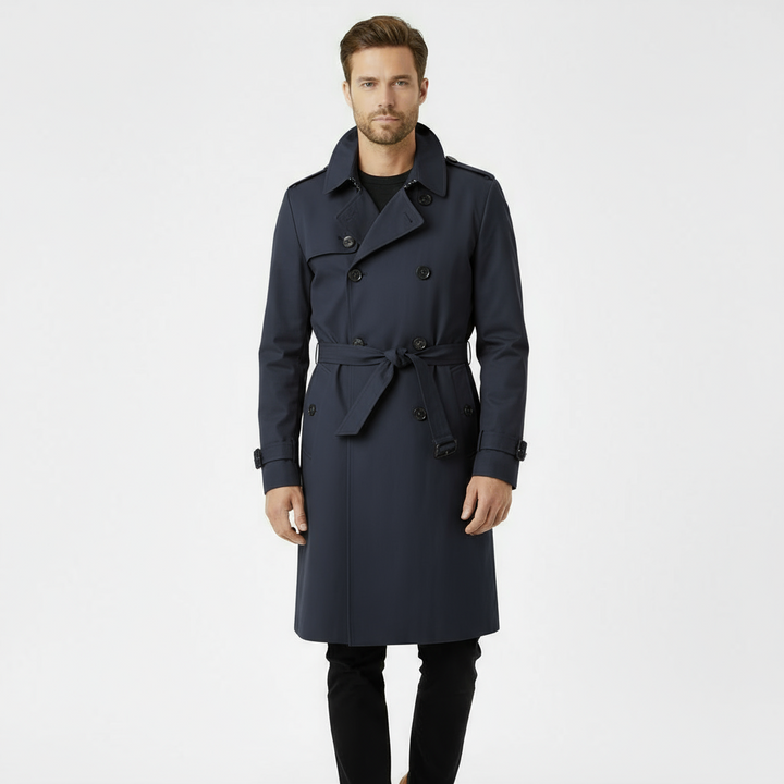 Men’s Classic Double-Breasted Trench Coat – Navy Blue