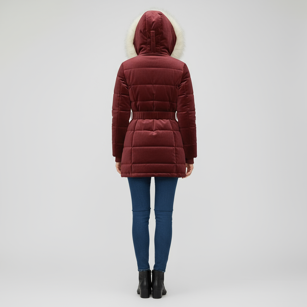 Elegant Women’s Belted Winter Coat with Faux Fur Hood - Bordeaux Red