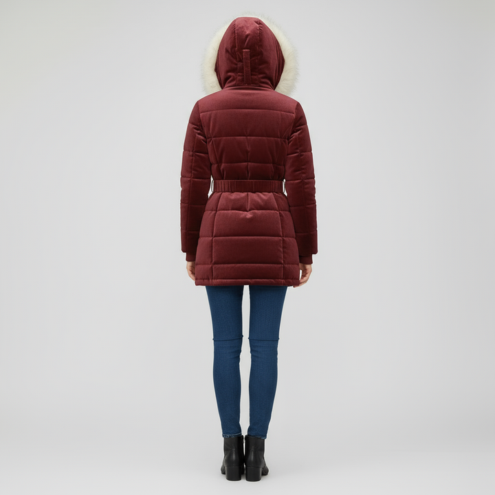 Elegant Women’s Belted Winter Coat with Faux Fur Hood - Bordeaux Red
