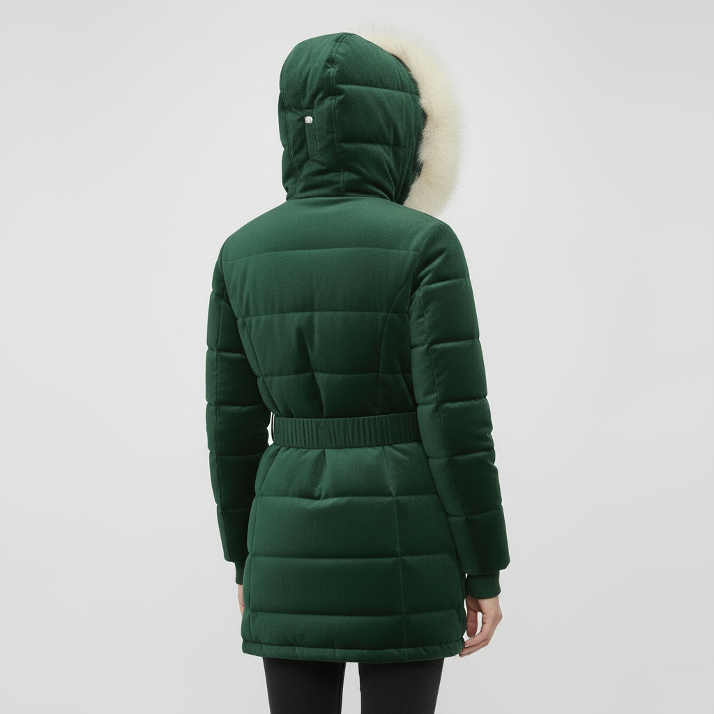 Elegant Women’s Belted Winter Coat with Faux Fur Hood - Green
