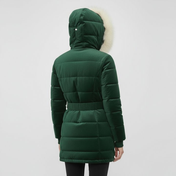 Elegant Women’s Belted Winter Coat with Faux Fur Hood - Green