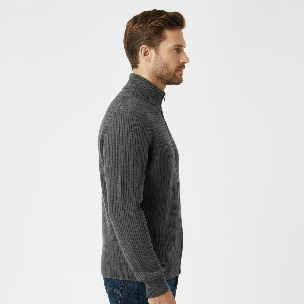Men’s Ribbed Full-Zip Sweater – Charcoal Gray
