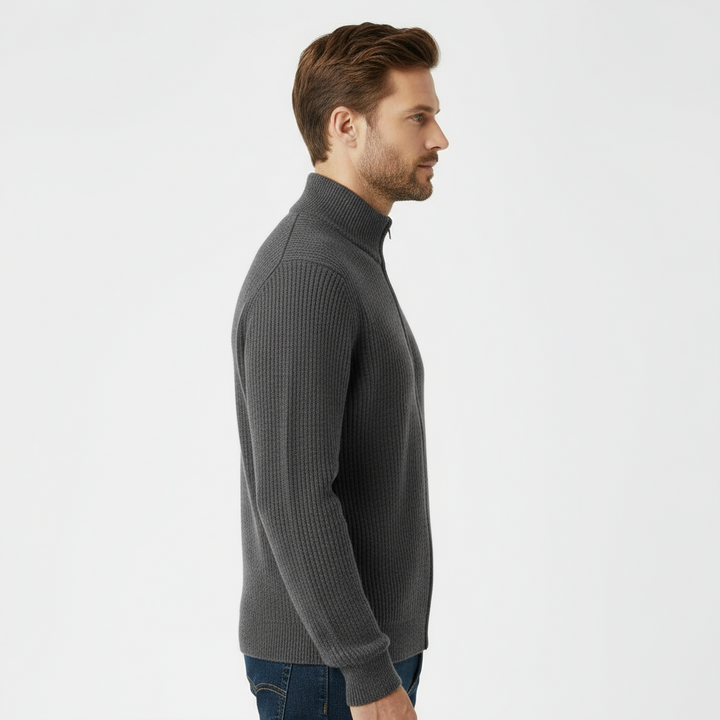 Men’s Ribbed Full-Zip Sweater – Charcoal Gray