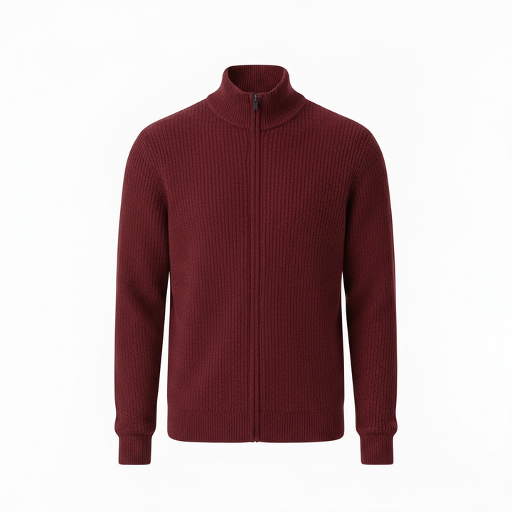 Men’s Ribbed Full-Zip Sweater – Bordeaux Red
