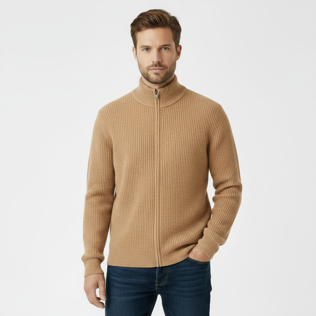 Men’s Ribbed Full-Zip Sweater – Beige
