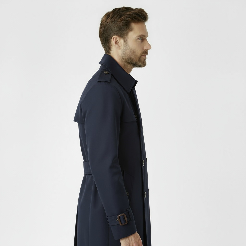 Men’s Classic Double-Breasted Trench Coat – Navy Blue