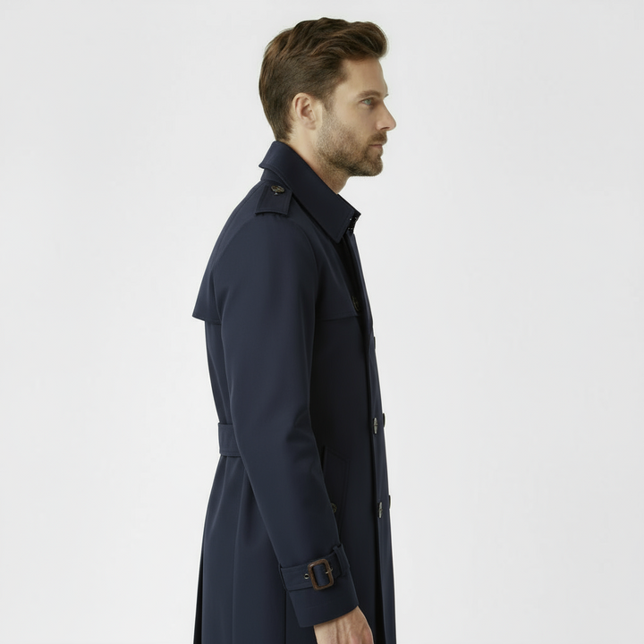 Men’s Classic Double-Breasted Trench Coat – Navy Blue