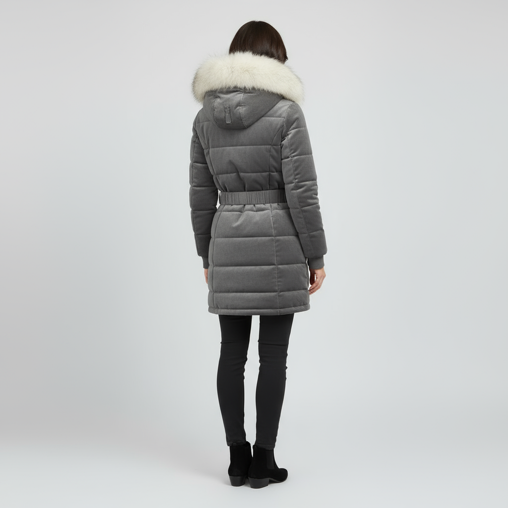 Elegant Women’s Belted Winter Coat with Faux Fur Hood - Charcoal Gray