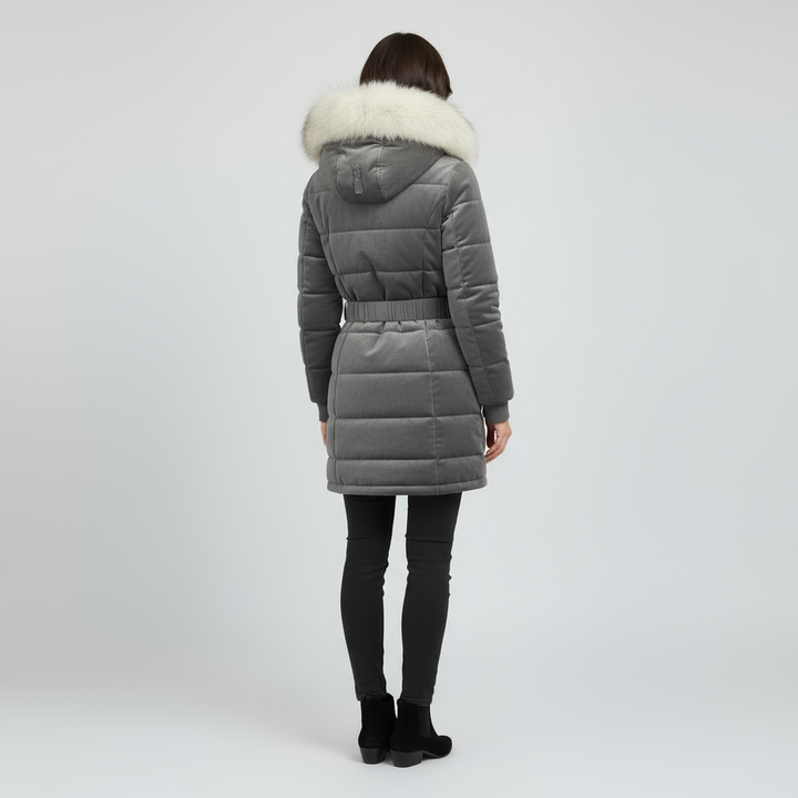 Elegant Women’s Belted Winter Coat with Faux Fur Hood - Charcoal Gray