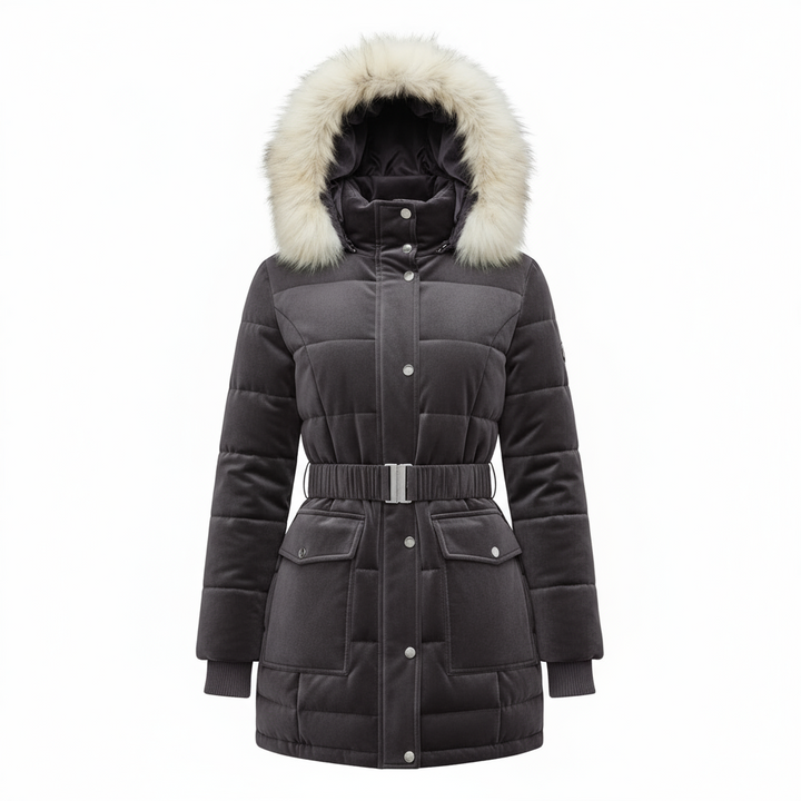 Elegant Women’s Belted Winter Coat with Faux Fur Hood - Classic Black