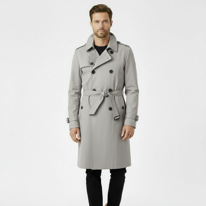 Men’s Classic Double-Breasted Trench Coat – Soft Grey