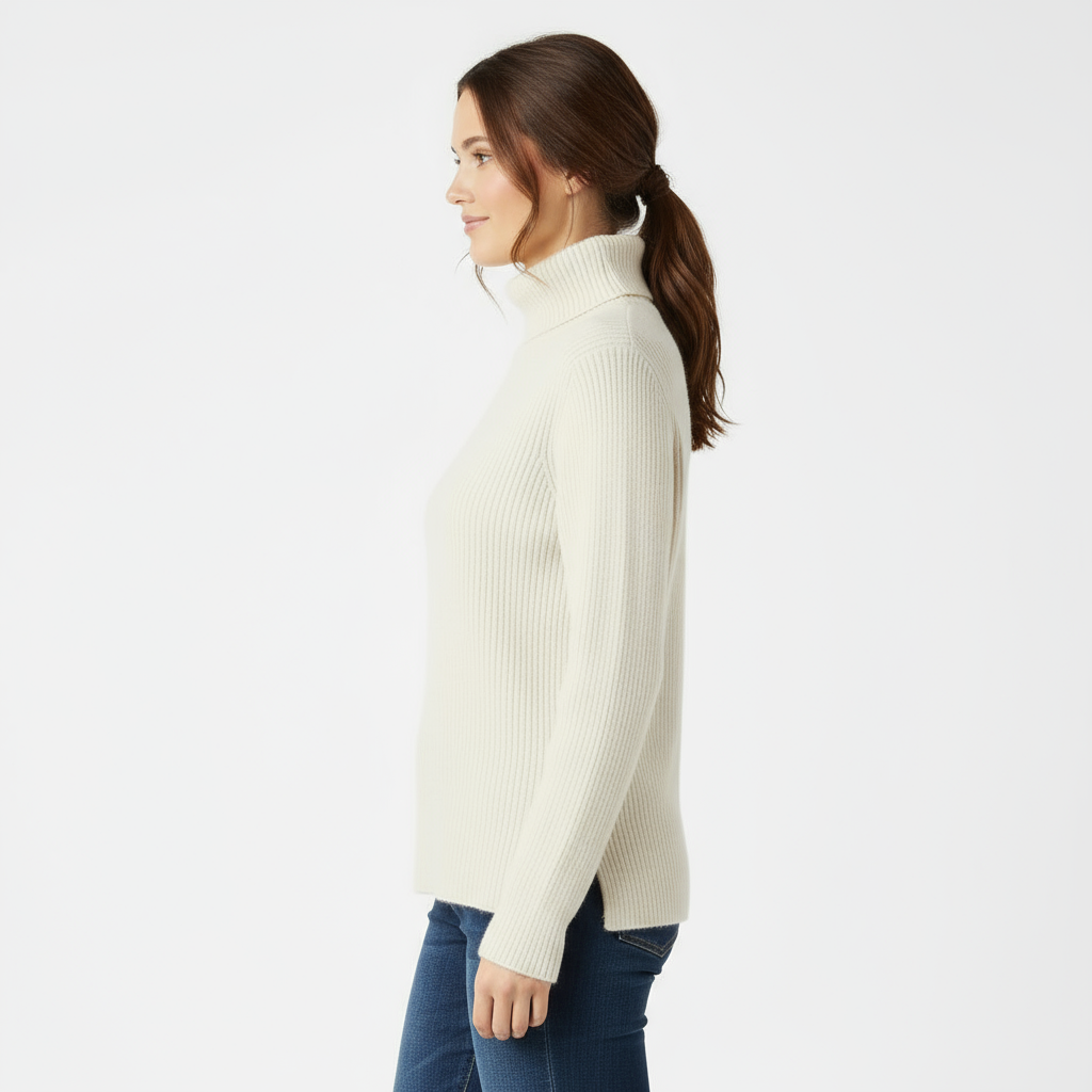 Women’s Ribbed Turtleneck Sweater – Cream Beige