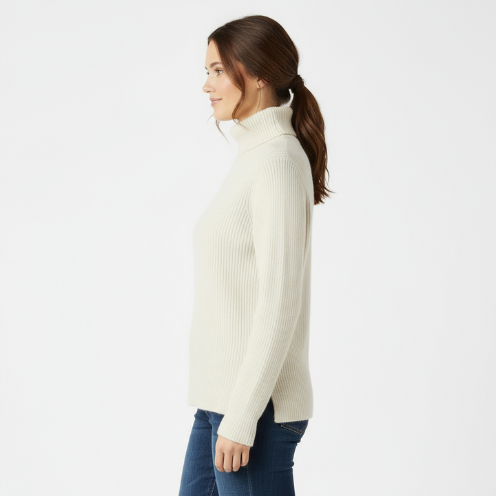 Women’s Ribbed Turtleneck Sweater – Cream Beige