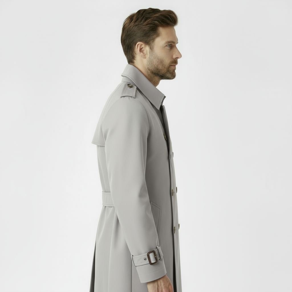 Men’s Classic Double-Breasted Trench Coat – Soft Grey