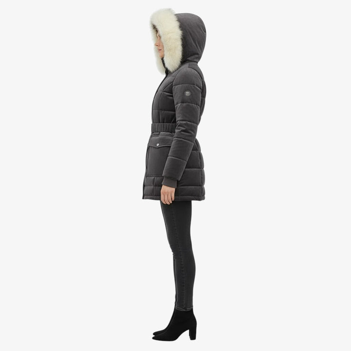 Elegant Women’s Belted Winter Coat with Faux Fur Hood - Classic Black