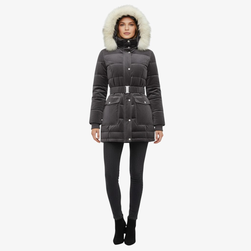 Elegant Women’s Belted Winter Coat with Faux Fur Hood - Classic Black
