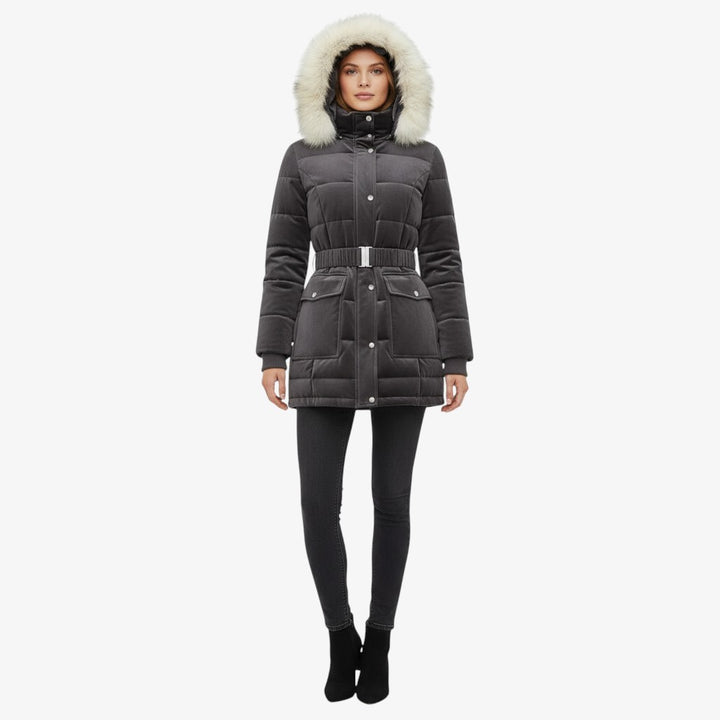 Elegant Women’s Belted Winter Coat with Faux Fur Hood - Classic Black