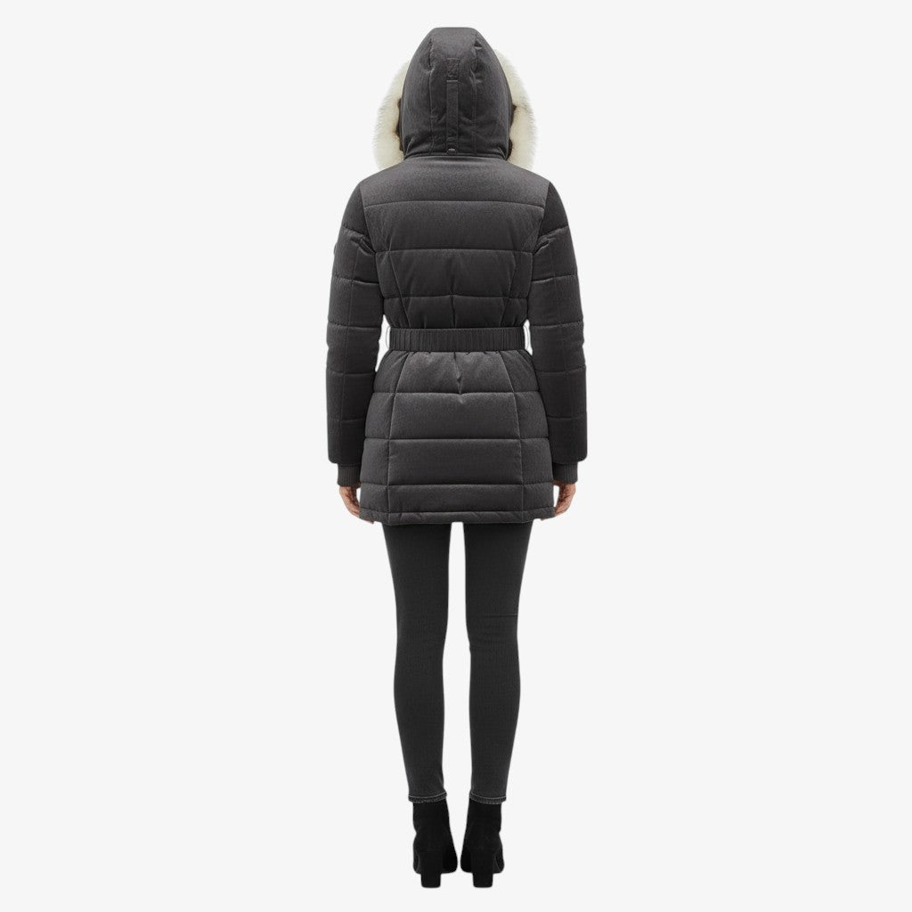 Elegant Women’s Belted Winter Coat with Faux Fur Hood - Classic Black