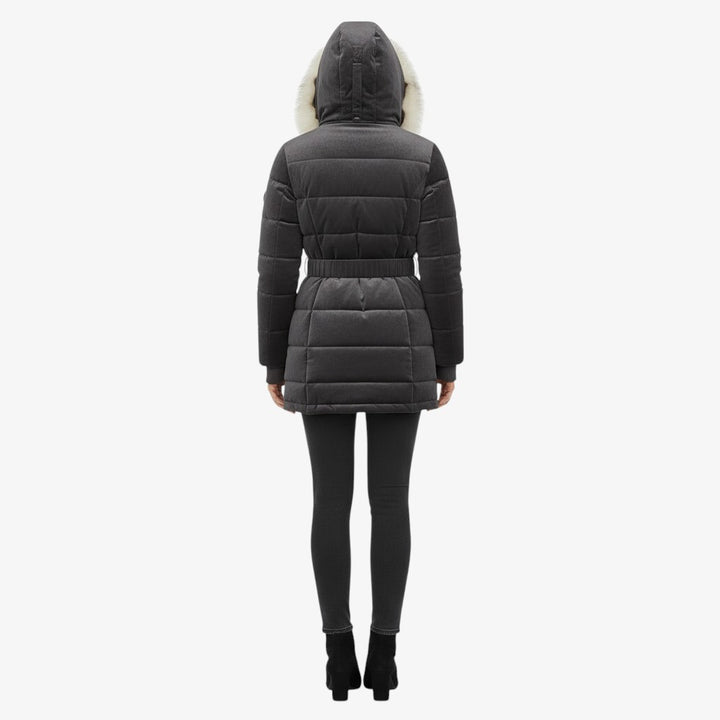 Elegant Women’s Belted Winter Coat with Faux Fur Hood - Classic Black